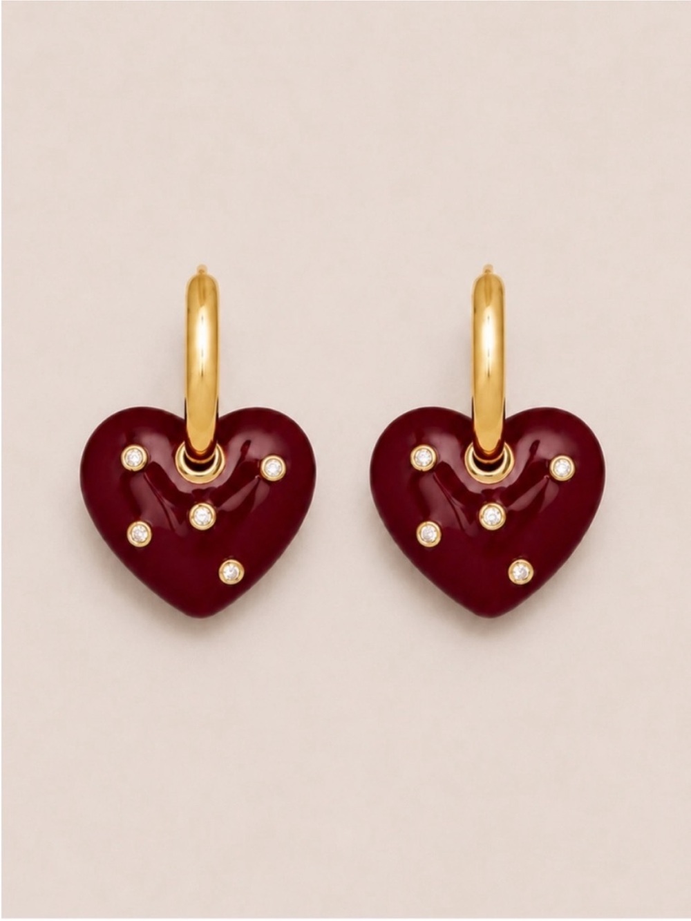 New! Cranberry Red Puffy Heart Gold Earrings 5024